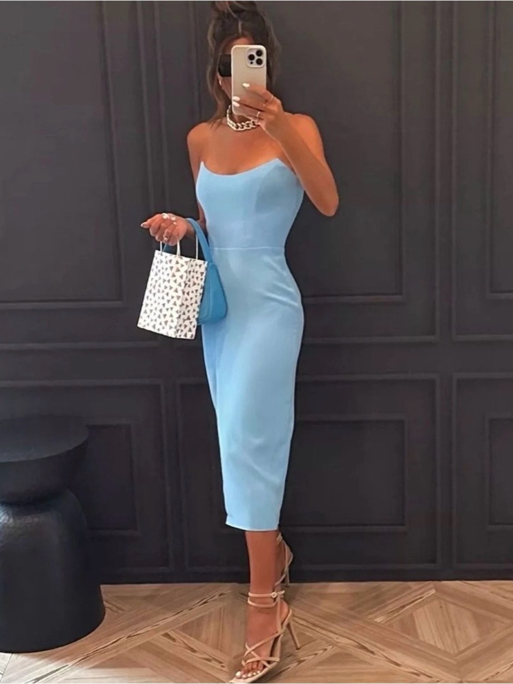 Amanda Uprichard Side Slit Strapless Chamberlain Midi Dress Pacific Blue Medium